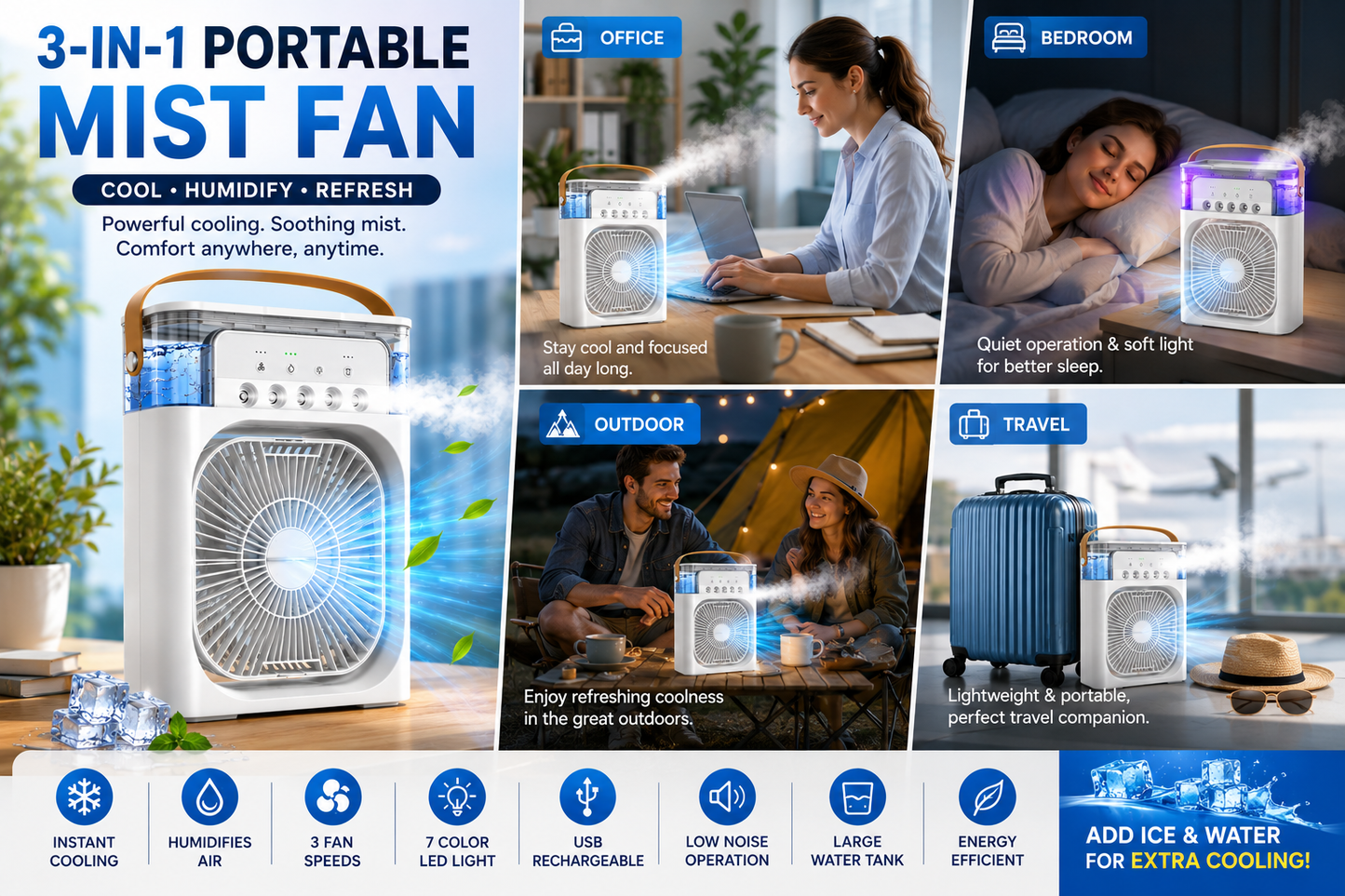 Portable AC Mini Air Cooler ❄️ Fan with Mist Spray & LED Night Light