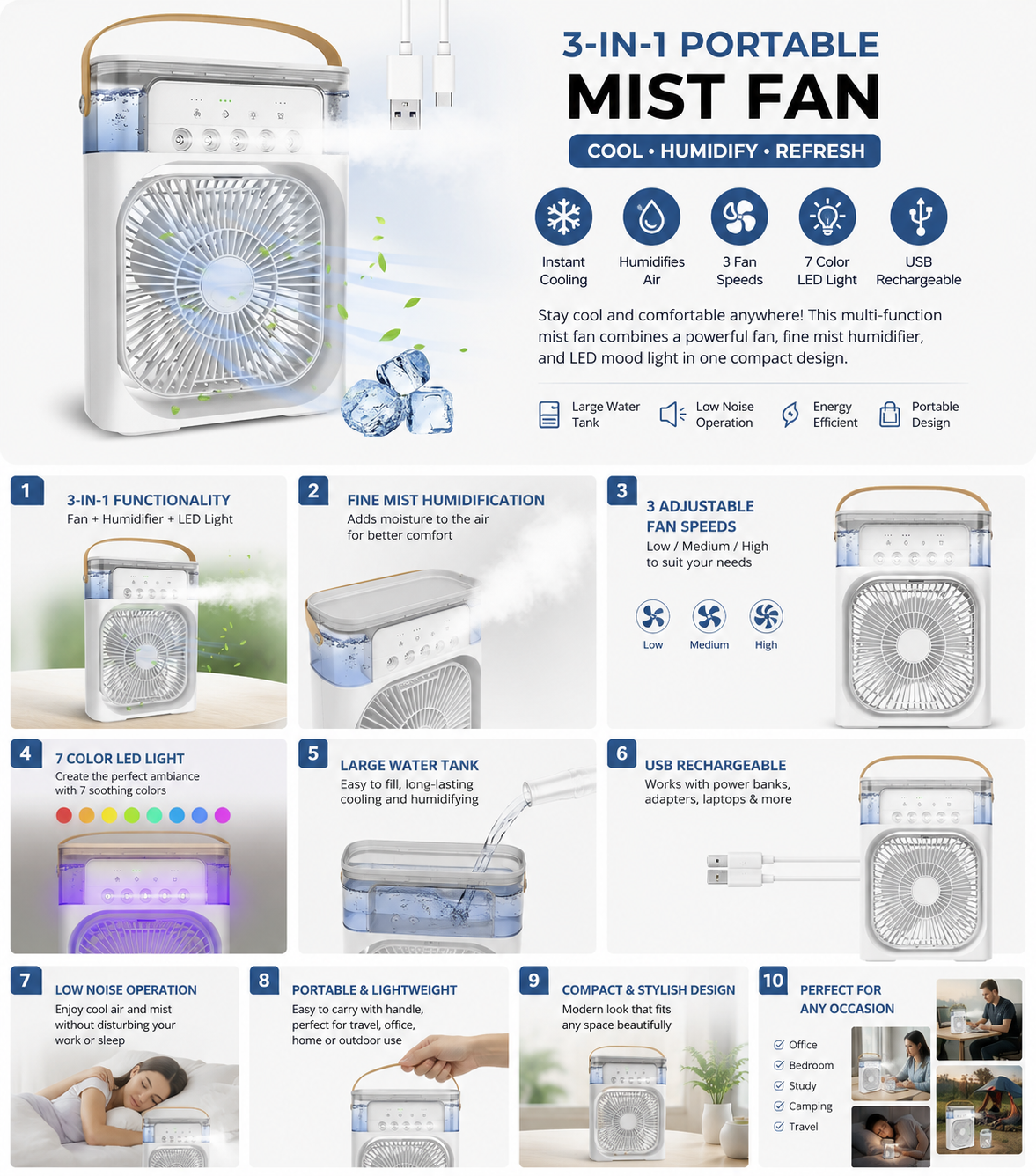 Portable AC Mini Air Cooler ❄️ Fan with Mist Spray & LED Night Light