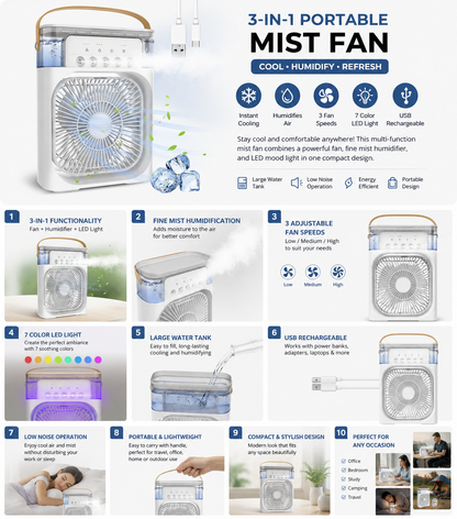 Portable AC Mini Air Cooler ❄️ Fan with Mist Spray & LED Night Light