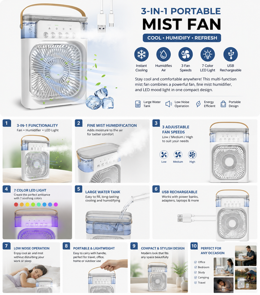 Portable AC Mini Air Cooler ❄️ Fan with Mist Spray & LED Night Light