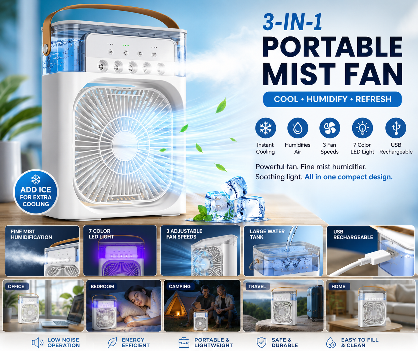 Portable AC Mini Air Cooler ❄️ Fan with Mist Spray & LED Night Light