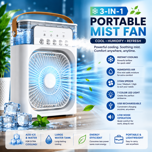 Portable AC Mini Air Cooler ❄️ Fan with Mist Spray & LED Night Light