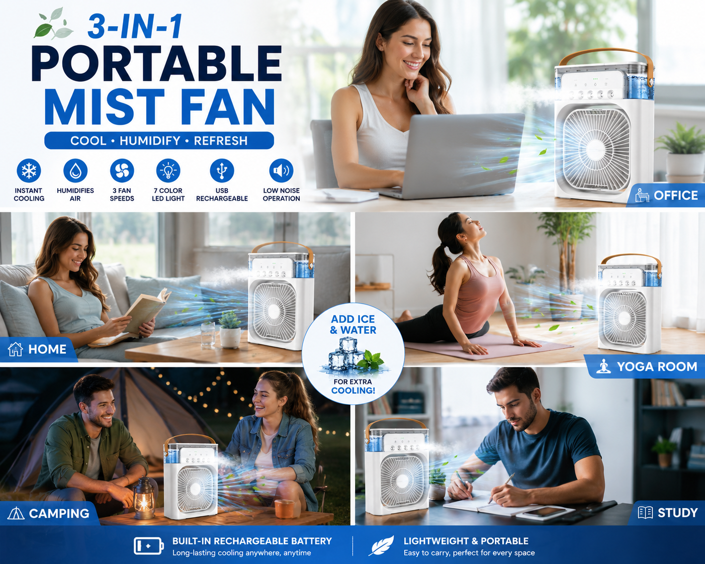 Portable AC Mini Air Cooler ❄️ Fan with Mist Spray & LED Night Light