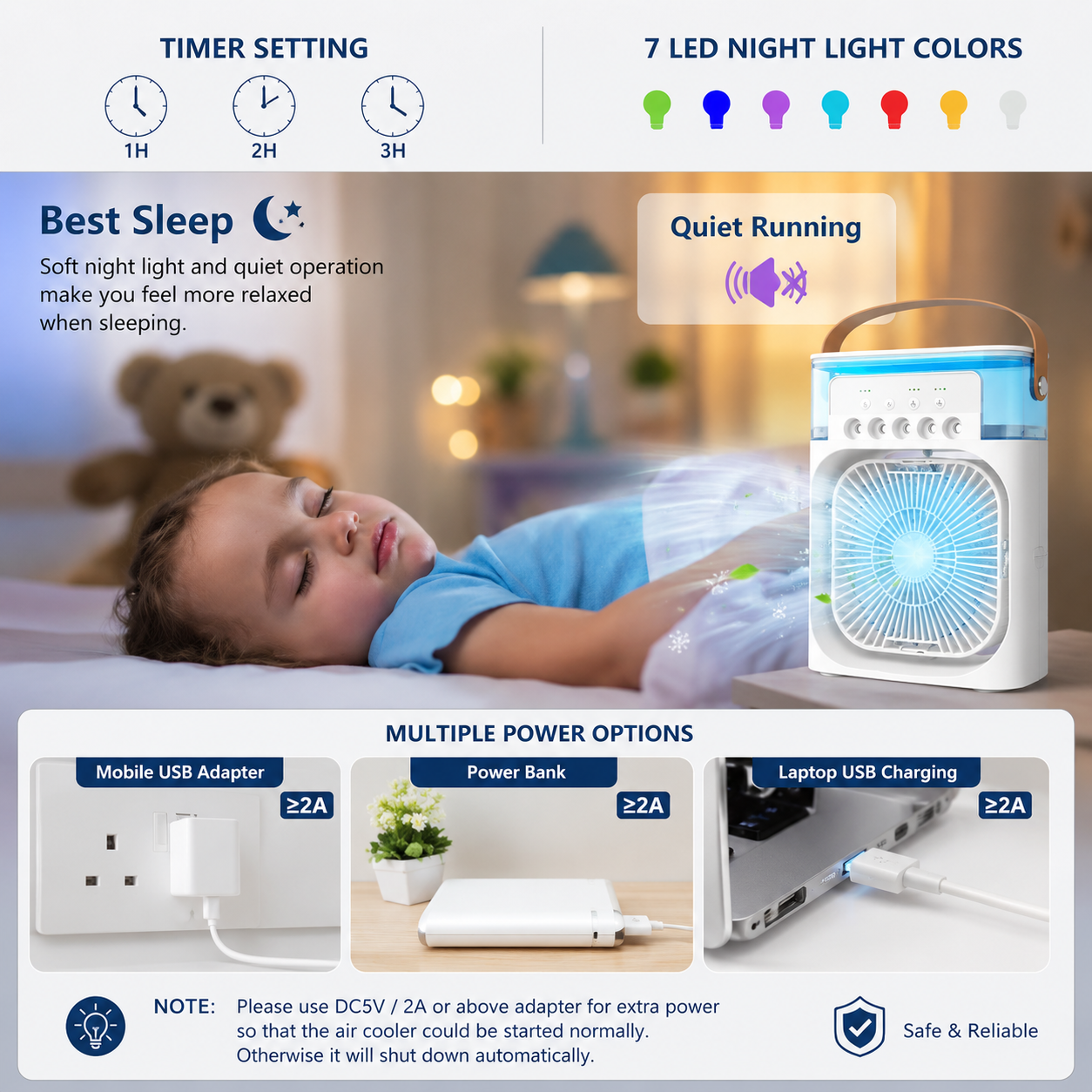 Portable AC Mini Air Cooler ❄️ Fan with Mist Spray & LED Night Light