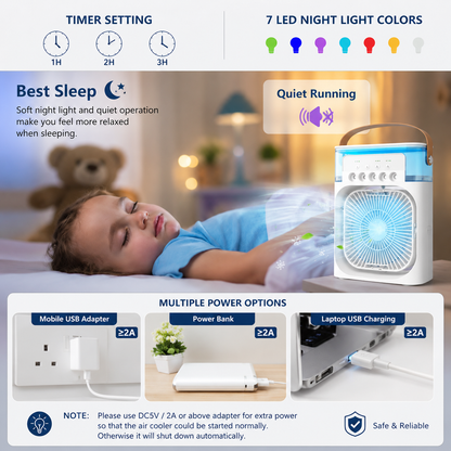 Portable AC Mini Air Cooler ❄️ Fan with Mist Spray & LED Night Light